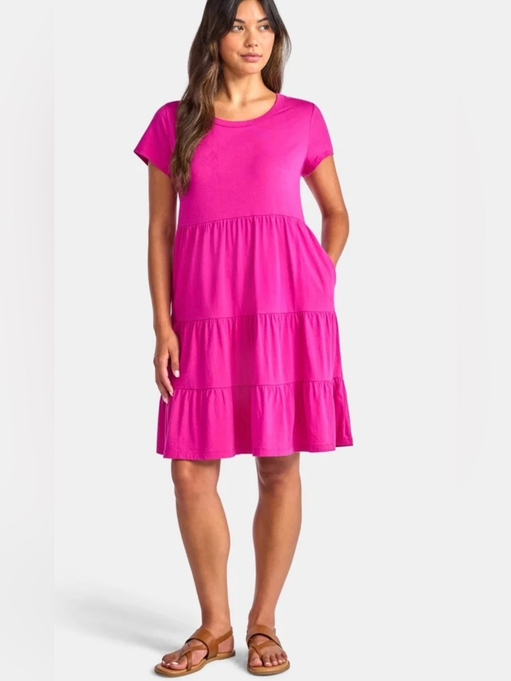 Time and Tru Hot Pink Tiered Short Sleeve Dress